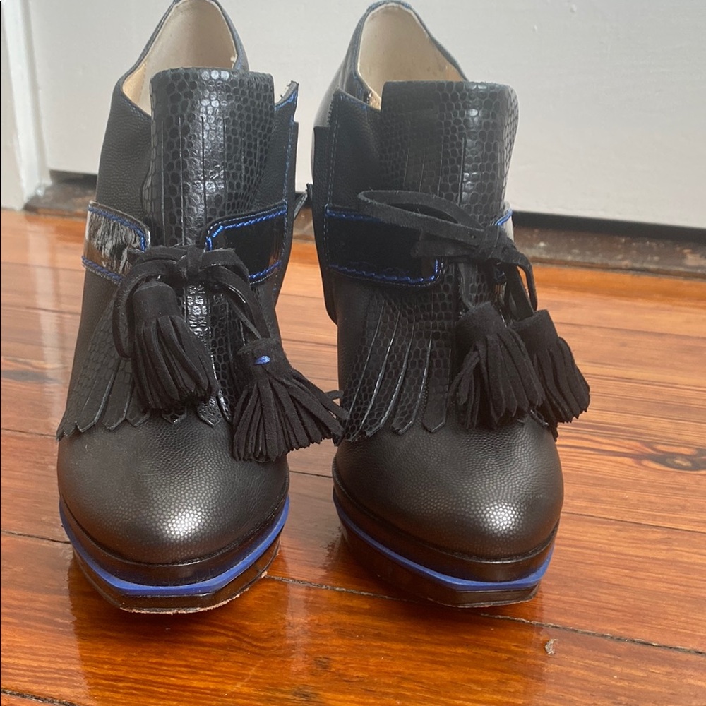 Cole Haan Black and Blue Ankle Booties with Tassels